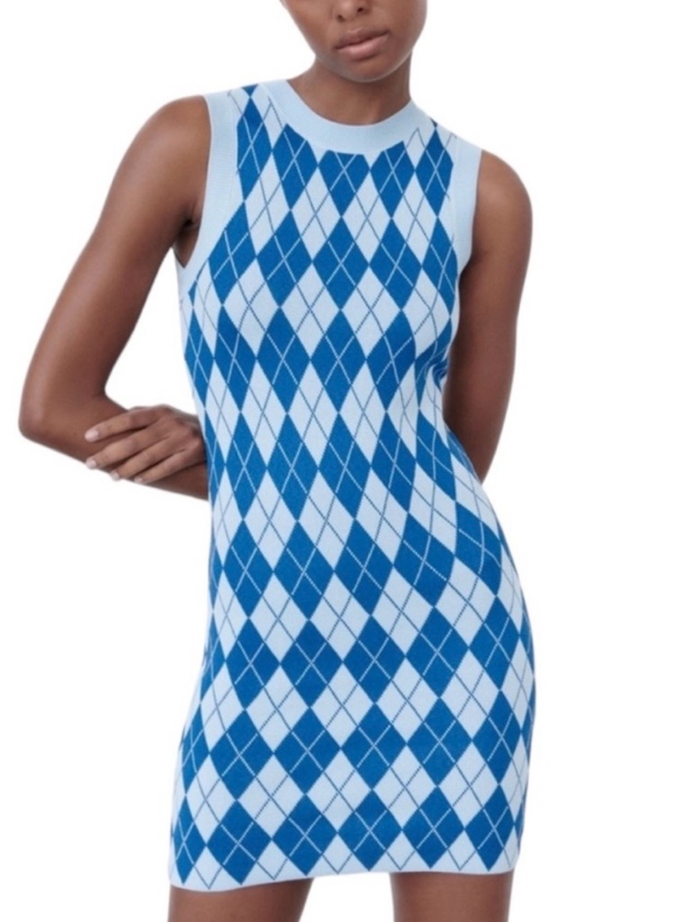 Zara Blue and Light Blue Argyle Knit Mini Dress